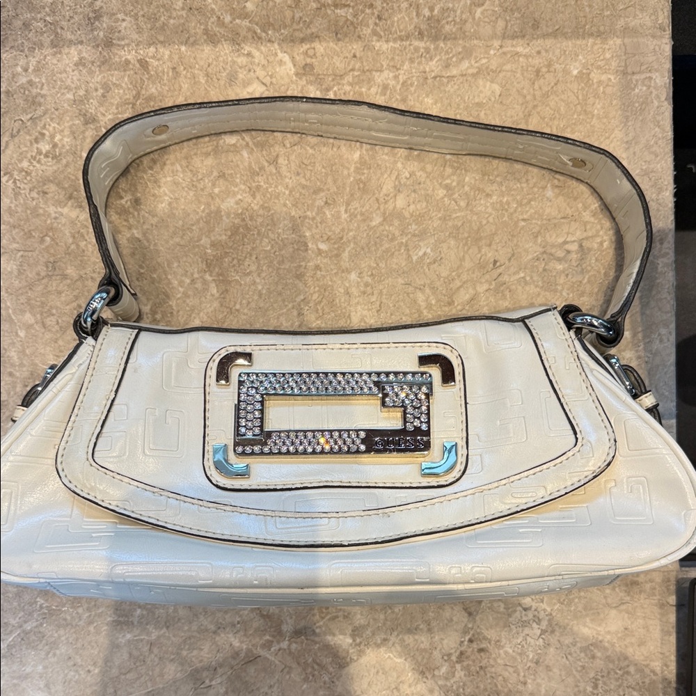 Guess White Shoulder Bag with Crystal Plaque
